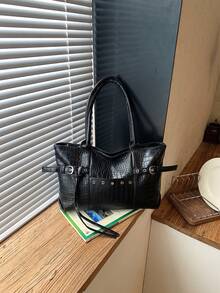 New Personalized Women's Vintage Soft Leather Tote Bag, Minimalist Office Commute Crocodile Pattern Shoulder Bag, PU Material, Zipper Closure - Black - View 6