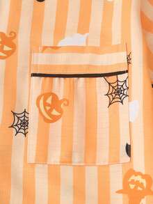 Set Piyama Wanita Motif Halloween Lengan Pendek Model Bubble Crinkle - Jeruk - View 4