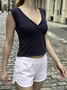Women Y2K Baby Tees V-Neck Cap Sleeve Wrap Crop Top Vintage Cute Short T-Shirts Casual Daily Slim Fit Solid Tank Summer Going Out Tops Club Streetwear - 深藍色 - 查看 2