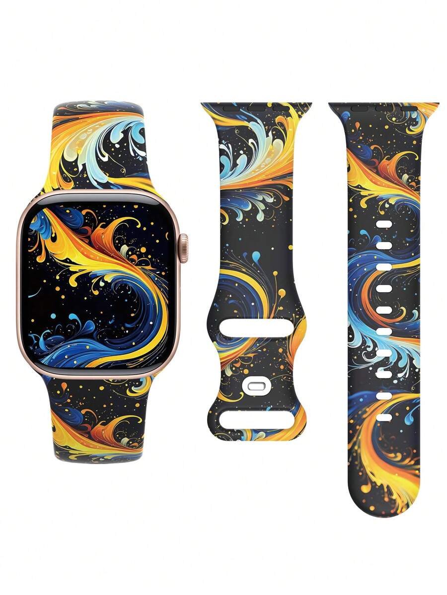 Cosmic Galaxy Fluid Art Vortex Print Silicone Watch Band For Apple Watch, Compatible With Ultra/12/11/10/9/8/7/6/5/4/SE Series, Fits 40mm/41mm/42mm/44mm/45mm/46mm/49mm Sizes, Fashionable Skin-Friendly Waterproof, Rivet Buckle Design, Men's And Women's Daily Sports Casual Smartwatch Band - UV024-multi-color - View 1