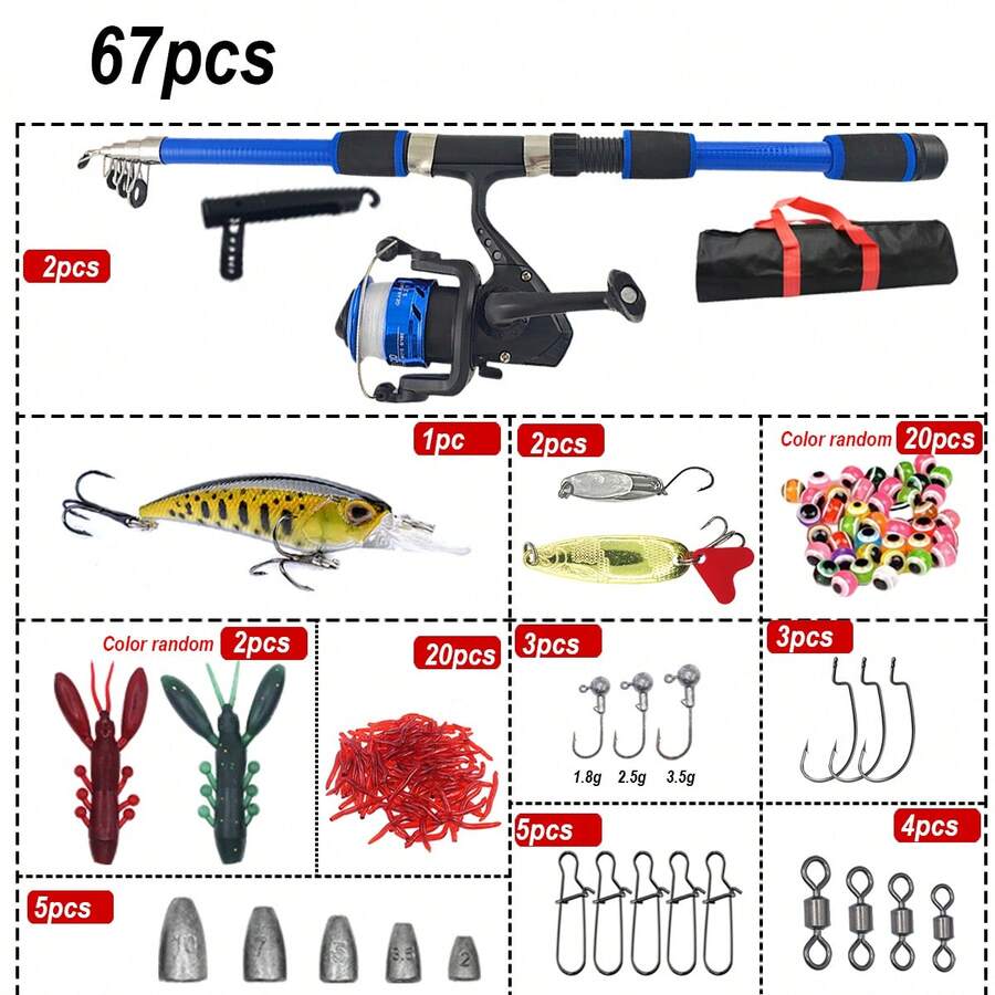 Complete Fishing Rod Set, Includes Telescopic Fishing Rod, Spinning Reel, Bait And Hooks, Travel Fishing Rod Set - Multicolor - View 1
