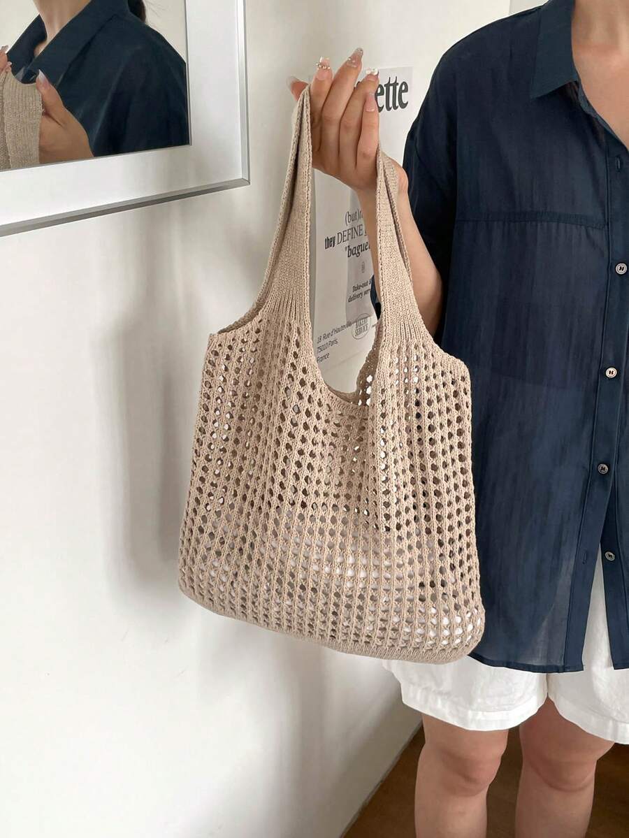 Casual Versatile Crochet Knit Large Capacity Shoulder Bag - Apricot - View 1