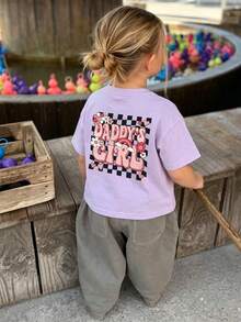 Atasan Bayi Perempuan Minimalis Motif Kotak-kotak Grafiti & Huruf, Leher Bulat, Lengan Pendek, Lucu - Mauve Purple - View 9