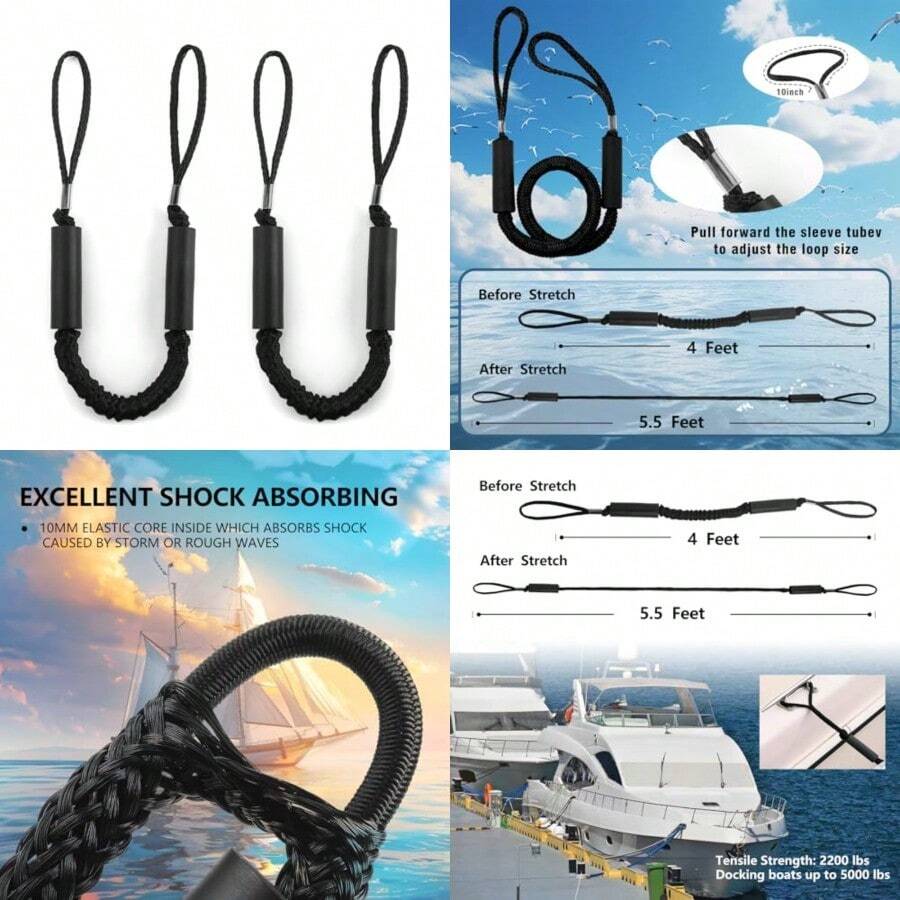 4 Feet Bungee Dock Line Adjustable Mooring Rope With Snubber Shock Absorbing Jet Ski Accessorie Marine Grade Mooring Tie Downs For Boats PWC Kayak Watercraft SeaDoo Pontoon 2Pack - Black - View 1