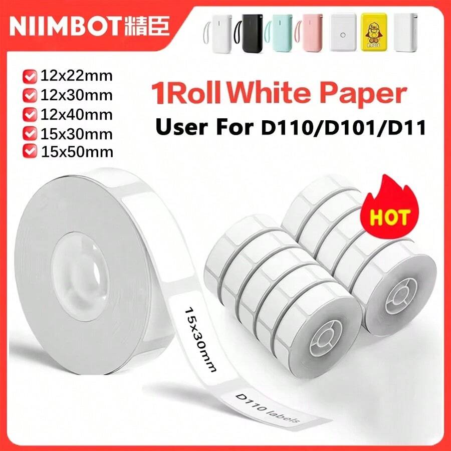 Niimbot Label Sticker 8-15mm Mini Portable White Waterproof Anti-Oil Thermal Label Adhesive Label For Home/Commerical Compatible D110/D11/P15/ Mini Portable Label Maker For Barcode Price Tag Jar Labeling