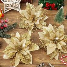6/12/18/24pcs Artificial Christmas Flowers, Shiny Christmas Flowers, Suitable For Home, Wedding, Party, Christmas Tree Wreath DIY Holiday Decoration - Champagne Christmas Flower Head - View 1