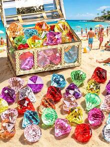 Summer Treasure Box Decoration Set, Gold Mini Treasure Box With Shiny Artificial Crystal Gemstones, Cute Decorative Props, Suitable For Beach And Pool Theme Parties, Multi-Functional Theme Party Favors, Unisex Creative Holiday Gift Accessories - One Size - View 2