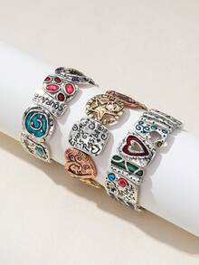 Nocturel 1pc Women's Fashion Elastic Bangle, Vintage Boho Style With Crown, Hollow Heart & Spiral Geometric Letter Print Mix Design, Great For Vacation - Multicolor - View 2