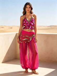 Professional Belly Dance Coin Fringe Halter Crop Top With Waist Scarf, Elastic Waist Dot Mesh Harem Pants For Dance Training, Stage Shows And Competitions - Multicolor - View 19