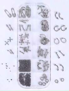 6-Grid Y2K Punk Style Alloy Nail Art Decorations, Silver Metal Gothic Rock Style Cross & Mixed Size Steel Beads DIY Nail Art Accessories, Handmade Nail Salon Supplies, Nail Rhinestones - Silver - View 6