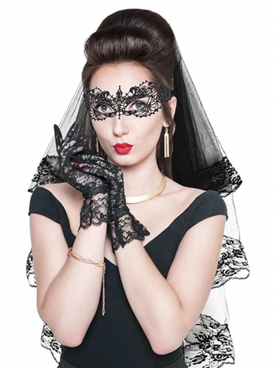 Bestselling Halloween Black Bride Veil, Eye Mask, And Lace Gloves Set - Solid Color - View 1