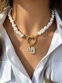 1pc Elegant Women's Baroque Pearl Necklace - Letter Pendant; Octagonal Star. Heart-Shaped Necklace. High-End Vintage, Suitable As A Holiday Gift For Women - Gold - View 4