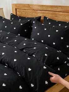 2/3 piezas Juego de ropa de cama con patrón de corazón negro, juego de ropa de cama de microfibra suave y transpirable, fácil de cuidar, resistente a las arrugas, estilo de hotel de lujo, regalo para padres y amigos, Funda nórdica*1, Funda de almohada*1/2, Disponible en tamaños extra grandes, Queen, Full, Twin, Adecuado para el Día de San Valentín, dormitorio, vuelta al colegio - Negro - Ver 4
