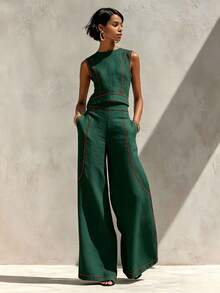Summer 2026 New Imitation Linen Style Sleeveless Vest Top And Wide Leg Pants Set, Relaxed Fit Casual Vacation Outfit Hustle&Haze - Green - View 10
