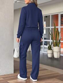 女款秋冬修身顯身材通勤純色兩件套，多功能工裝穿搭 - 藏蓝色 - 查看 7