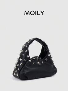Bolso de mano y de hombro para mujer estilo Y2K Punk con diseño de remaches, cierre de cremallera, material de PU - Negro - Ver 1