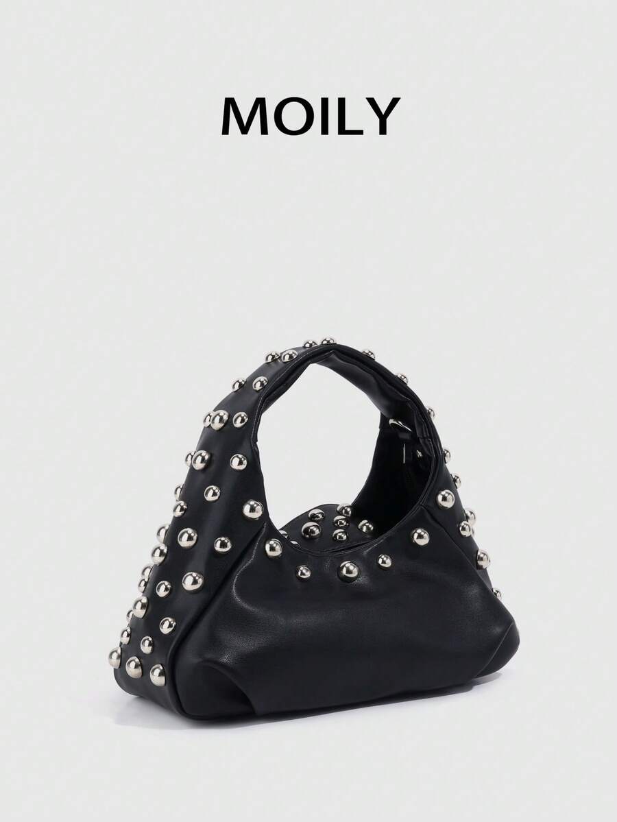 Bolso de mano y de hombro para mujer estilo Y2K Punk con diseño de remaches, cierre de cremallera, material de PU - Negro - Ver 1