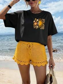 A Double-Sided Printed T-Shirt With A Floral And Sun Design By "Summer Vibe", Featuring A Round Neck And Short Sleeves, Ideal For Wearing In Spring. - Black - View 3