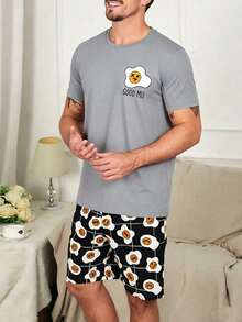 Men's Summer Pajama Set, Round Neck Simple Fried Egg Print Short Sleeve & Shorts Loungewear - Multicolor - View 5