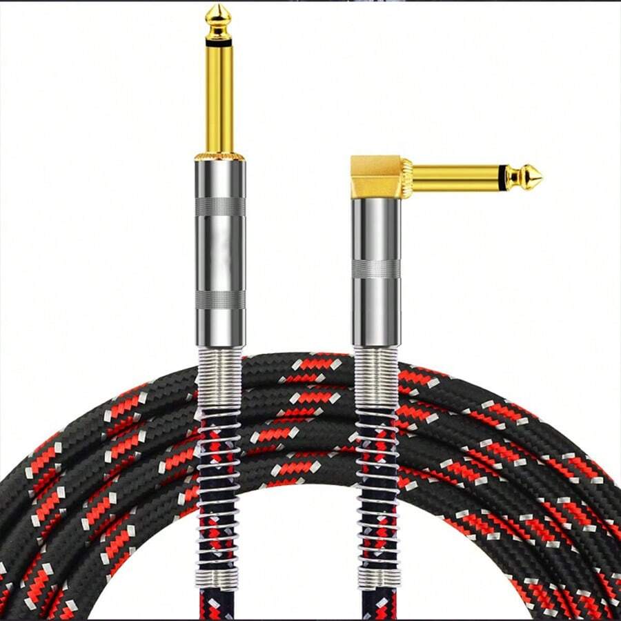 High-Quality Guitar Cable, 6.35mm 1/4 Inch Straight To Right Angle Mono Braided Instrument Professional Cable, High-Purity Oxygen-Free Copper, Multi-Compatible, Double-Layer Shielded Braided Mesh, Suitable For Bass, Keyboard, Amplifier, Mixer, Electric Guitar, Mandolin, - Black/Red Braided Mesh, Suitable For Valentine's Day Gift - Red - View 1