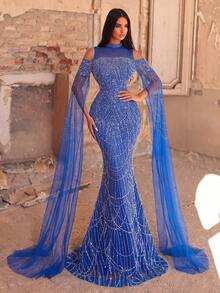 Faeriesty High-End Luxury Rhinestone Sequin Evening Gown With Extra Long Sleeves And Beaded Embellishments Party Wedding Vacation Fall - Royal Blue - View 4