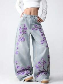 1pc American Street Style Women's Embroidered Loose Casual Wide Leg Jeans Long Pants Fashion All Season Fall - Mauve Purple - View 3