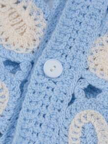 Men's Unisex Polo Collar Knitted Cardigan, Daily Vacation Casual Hand-Crocheted Hollow Out Loose Short Sleeve Top, Spring/Summer - Blue - View 6