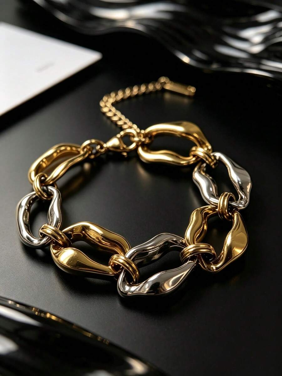 Tone Chunky Asymmetric Link Bracelet, 18K Gold Plated Titanium Steel, Mix Gold Silver Color Statement Bracelet For Women Daily Stackable Jewelry Gift - Gold and Silver Two-tone Bracelet - View 1