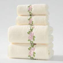 4Pcs Rustic Roses Bathroom Towel Set Farmhouse Embroidered Purple Roses Towels Vintage Decorative Bath Towel Highly Absorbent Elegant Summer Decor Set For Bathroom - White - View 2