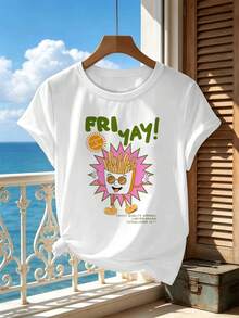 Maglietta Friyay Cute French Fries en coton morbido, robe comoda, style street hip-hop, confortevole, avec stampa grafica unica - Blanc - Voir 2