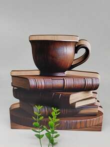 1pc Vintage Wooden Book & Coffee Cup Ornament - 2D Printed Art Decor, Suitable For Home And Study, Classic Style, Ideal Gift For Book Lovers And Coffee Enthusiasts, Coffee Table Decor, Cozy Corner - 1PC - View 7