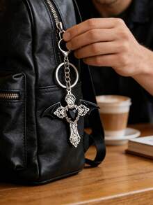 Y2K Gothic Angel Wings Cross Keychain With Rhinestone Heart, Vintage Dark Metal Bag Charm/Pendant, Suitable For Backpacks, Handbags And Car Key Accessories, Unisex Cosplay Party Accessory - Multicolor - View 3