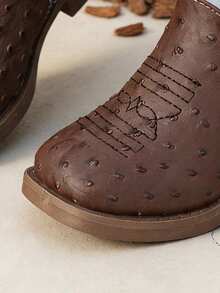 1 Pair Girls Brown Light Blue Two Tone Embroidery Western Ankle Boots, Spring Autumn Kids Footwear - Blue - View 6