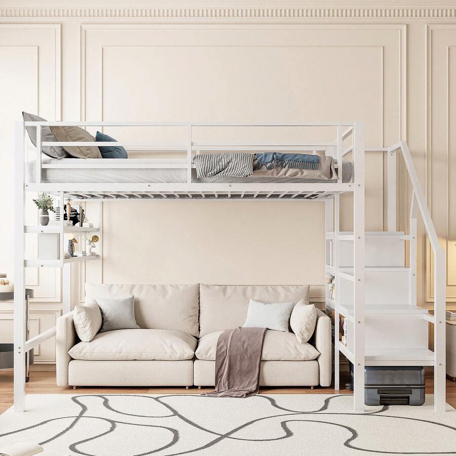 High Bed Frame 140x200cm With Shelves And Storage Space - 白色 - 查看 1