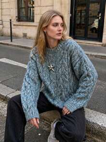 2026 Autumn/Winter Cable Knit Pullover Sweater Coat Inner Layer Design Soft Plush Faux Fur Top For Women - Mint Blue - View 2