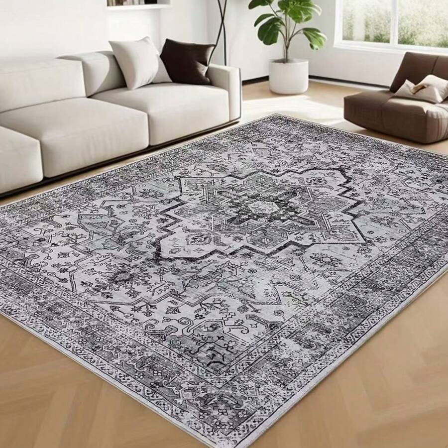Bohemian Beige Washable Rug, Ultra Soft Rug, Non-Slip Vintage Rug Foldable, Living Room And Bedroom Rug - Light Grey - View 1