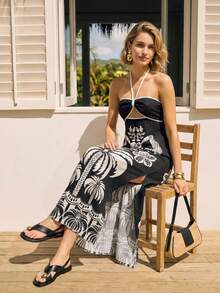 CAJUNI Casual Vacation Sexy Tie-Up Halter Slit Hollow Out Long Dress For Women Elegant - Multicolor - View 3