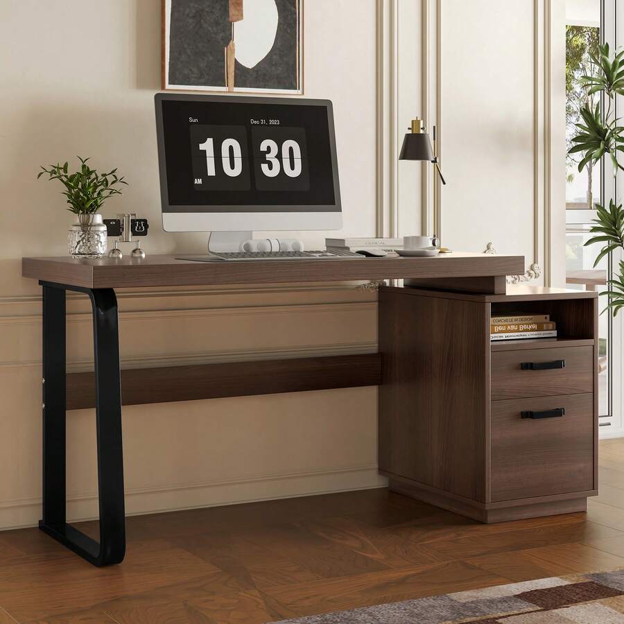 Modern Desk 135x54cm, MDF Tabletop, Metal Legs - 棕色 - 查看 1