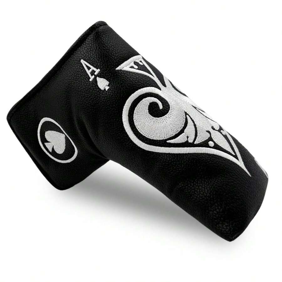 Ace Of Spades Putter Cover, Black & White Poker Embroidery Style, Secure Closure, Thick Padded PU Material, Fits Straight Shaft Putters, Unisex Golf Headcover - Black - View 1