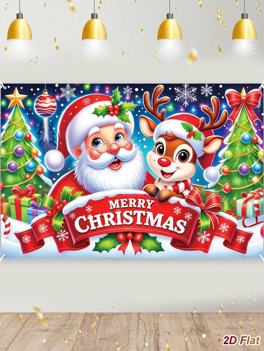 1Pc Christmas Backdrop Cloth With Santa Claus&Reindeer&Christmas Tree Design, Merry Christmas Hanging Background Cloth, Photo Booth Backdrop, Party Backdrop Banner, Backdrop Decoration, Christmas Decoration, Xmas Decor, Home Decor