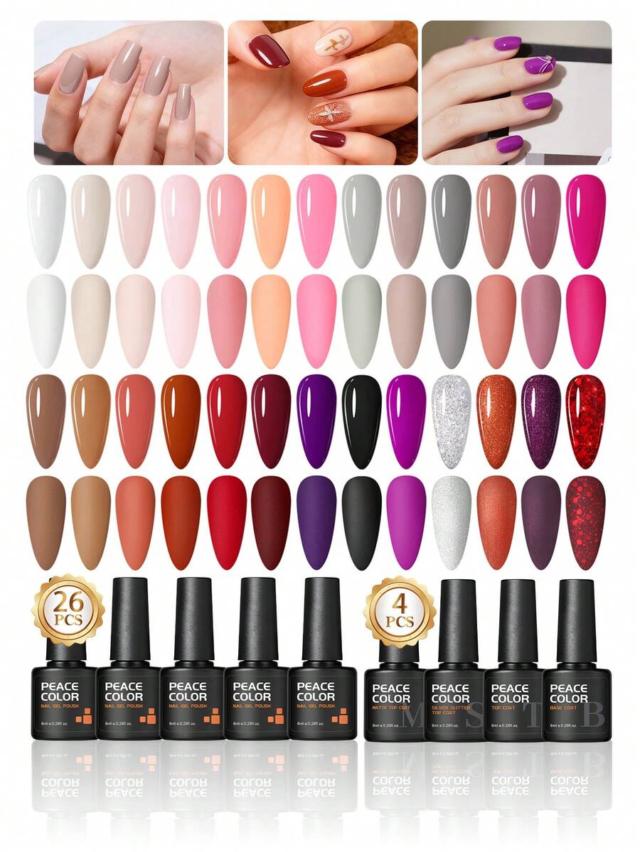 Peacecolor 30PCS Gel Nail Polish Set 26 Colors White Gray Red With 4 Base Top Coats Glossy Matte Shimmer Soak Off For Spring Summer Vacation Gift For Women - 多色03 - 查看 1