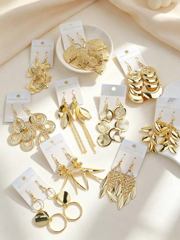 10 Pairs Teen Girls Y2K Boho Dangle Earrings Set, Butterfly Leaf Hollow Metal Drop Earrings, Silvery Golden Jewelry Gift For Daily Party