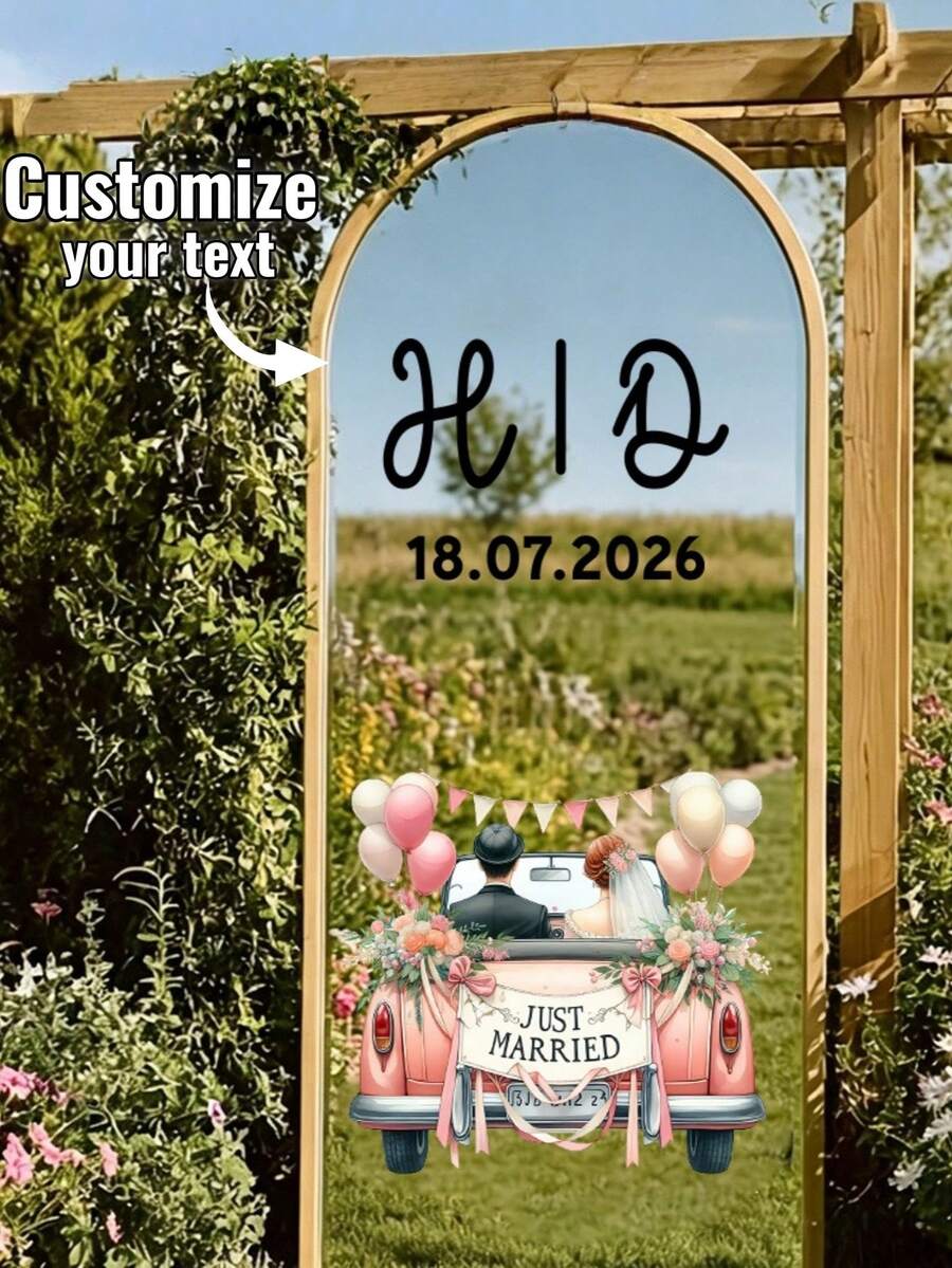 Custom Wedding Car Pattern Customized Name And Date Removable Vinyl Sticker Wall Mural Poster - For Wedding Welcome Mirror, Backdrop, Wall Decor - Multicolor - View 1