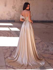 Faeriesty Haute Glamour Off-Shoulder Sequin Evening Gown With High Slit And Satin Train Party Wedding Fall - Champagne - View 3
