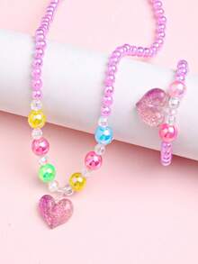 2pcs/Set Cute Princess Heart Pendant Necklace & Beaded Bracelet Jewelry Set For Kids, Suitable For Daily Wear, Party, Birthday Gift - one-size - View 5