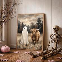 1pc Framed Canvas Wall Art, Vintage Country Style Highland Cow And Cute Ghost Wilderness Oil Painting Canvas Wall Decor, Low Saturation Atmospheric Autumn Forest Farmhouse Poster, Hot-Selling Home Decor Wall Hanging, Suitable For Modern Home Decoration - Ghost - View 9