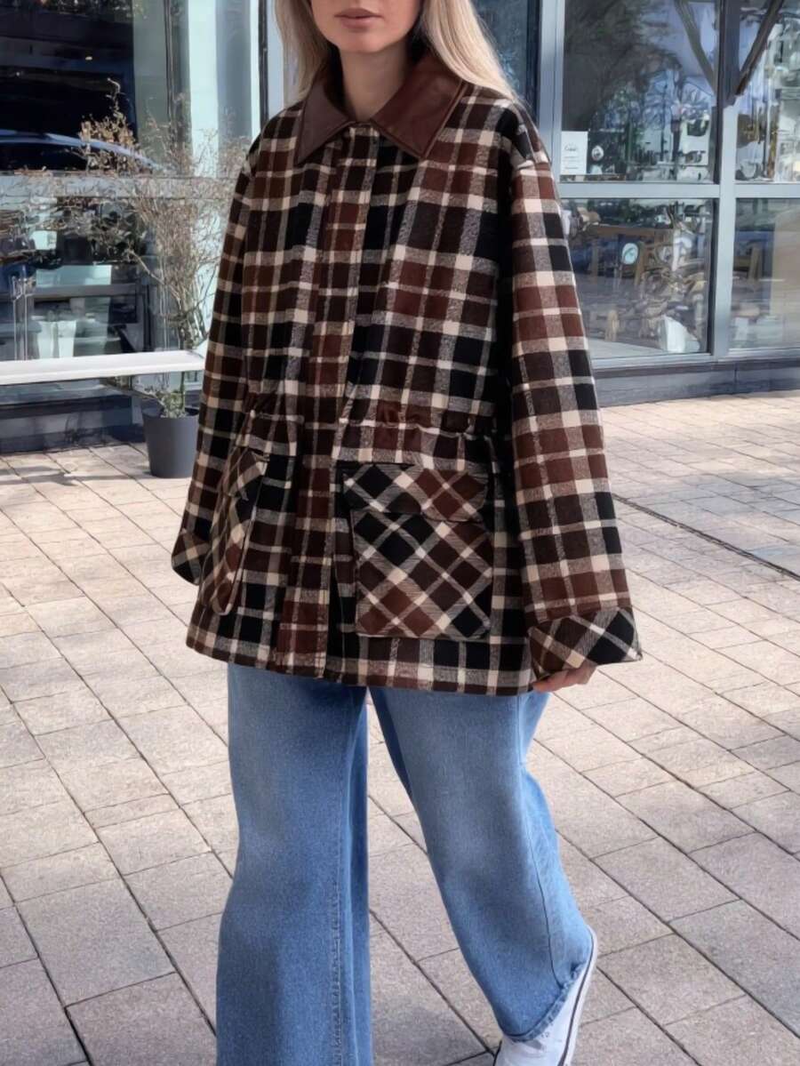 Women's Plaid Jacket, Brown Long Sleeve Zip Up Shirt Jacket With PU Leather Collar, Casual Fall Autumn Outerwear - Brown - View 1