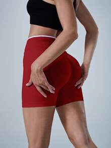 NcmRyu 1pc Women's Fashion Elastic Contrast Color Ribbed High Waist Butt-Lifting Soft Comfortable Sports Shorts - Red - View 4