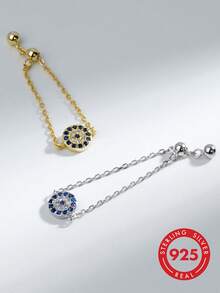 925 Sterling Silver Soft Chain Pull Ring For Women, Minimalist Classic Fashion Blue Eye Evil Eye Design, Elegant Luxury Sweet Hip-Hop Style - Silver - View 5