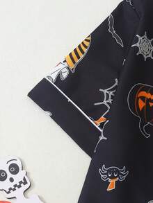 Set Piyama Wanita Motif Halloween Lengan Pendek Model Bubble Crinkle - Hitam - View 3